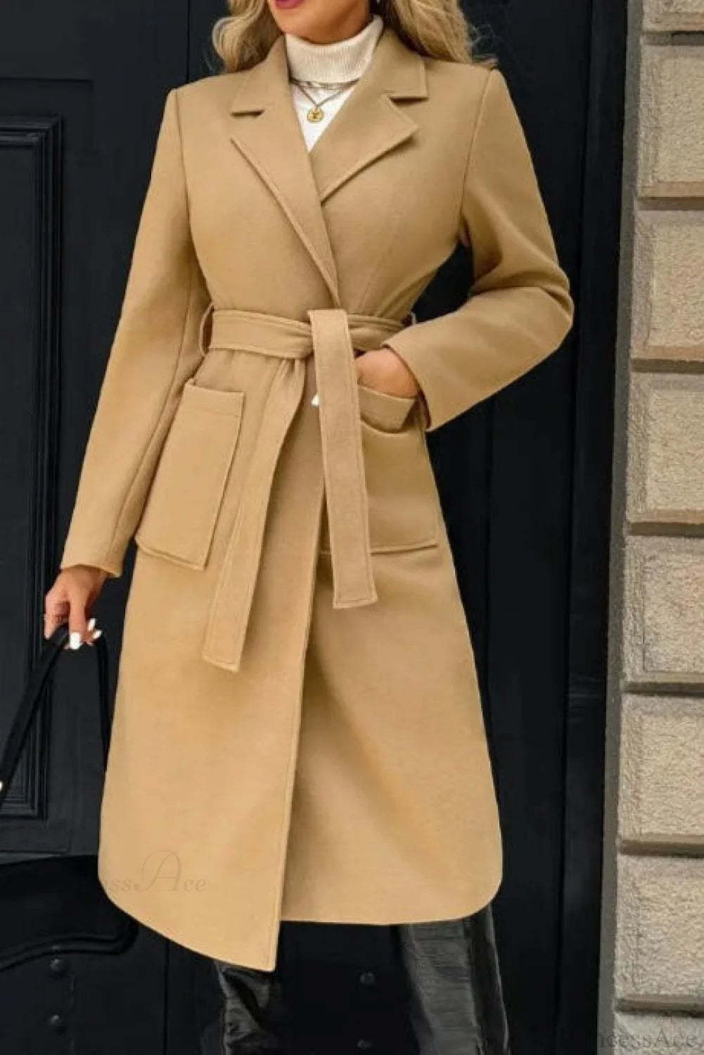 Vintage Solid Color Minimalist Tie Waist Wool Blend Notched Overcoat