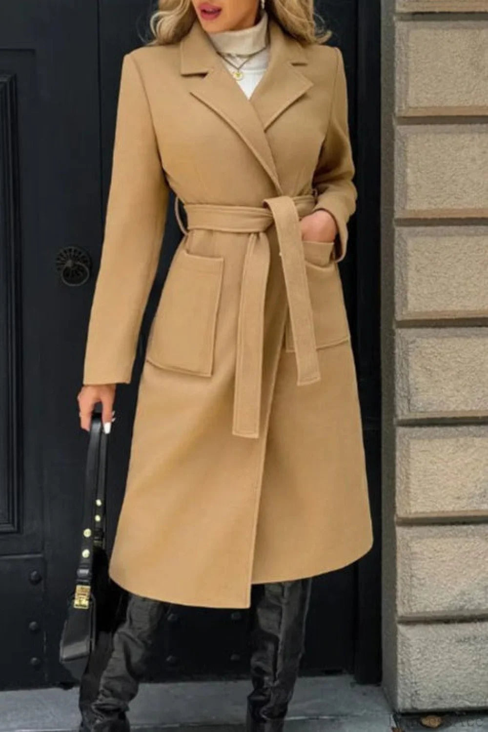 Vintage Solid Color Minimalist Tie Waist Wool Blend Notched Overcoat Khaki / S