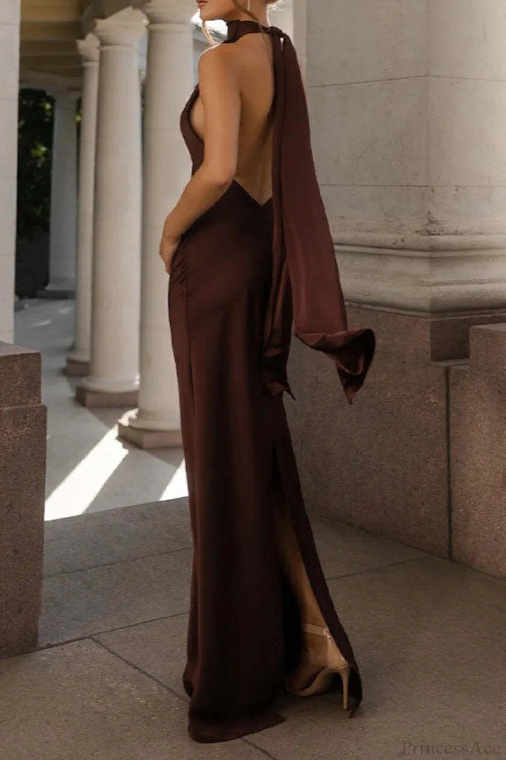 Vintage Solid Satin Backless Maxi Dress