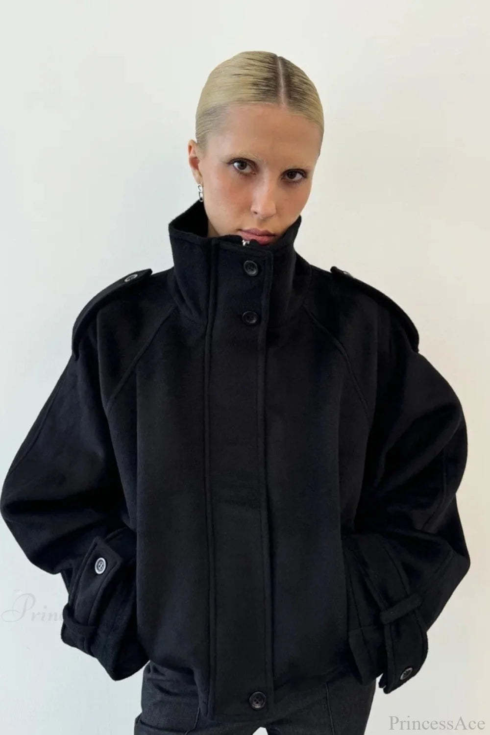 Vintage Stand Collar Buttoned Short Wool Coat Black / S