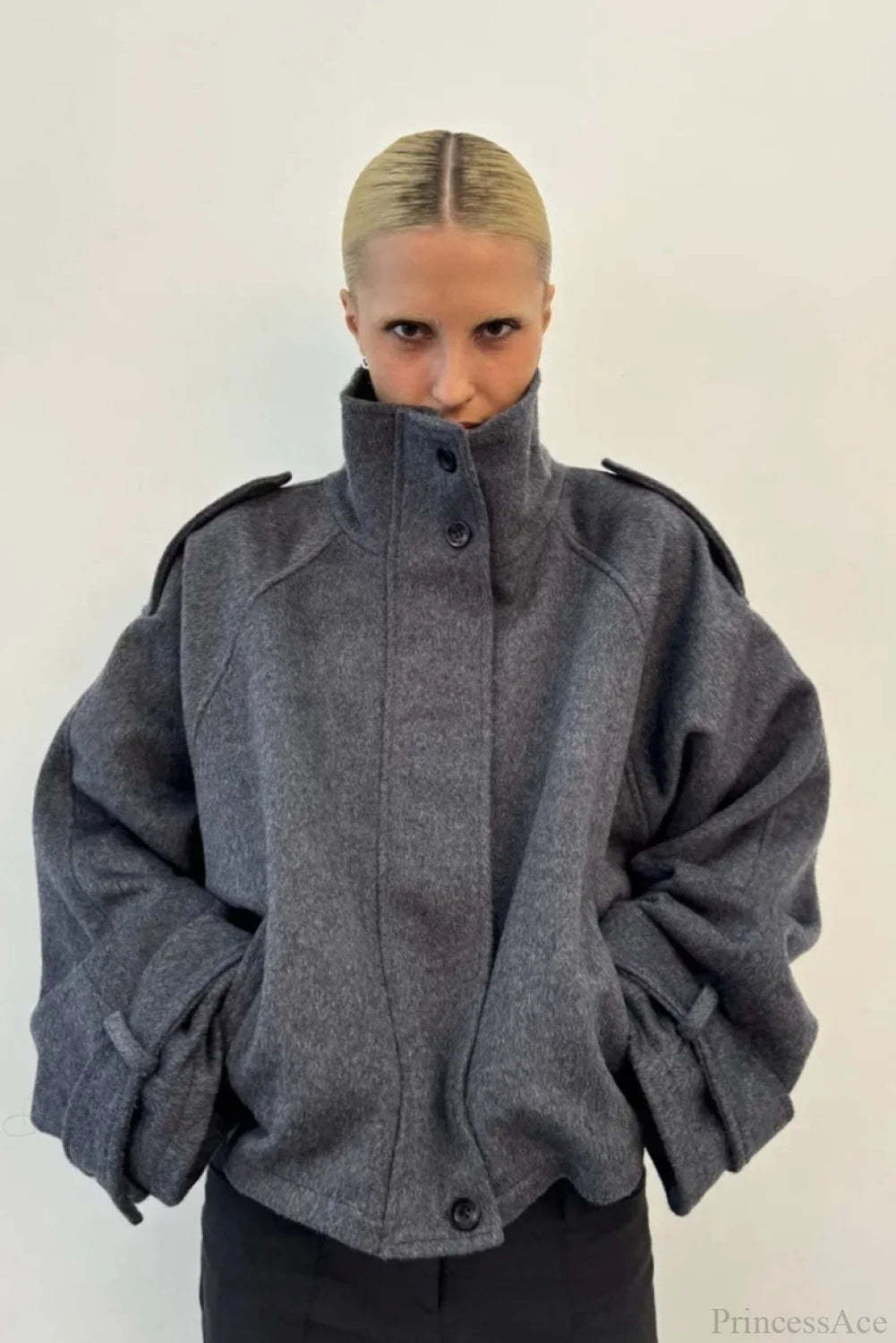 Vintage Stand Collar Buttoned Short Wool Coat Grey / S