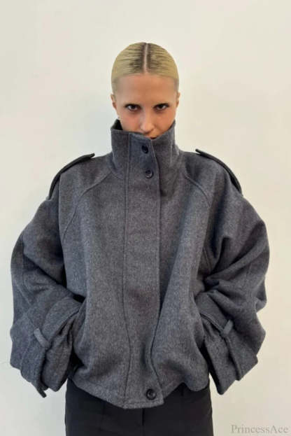 Vintage Stand Collar Buttoned Short Wool Coat Grey / S