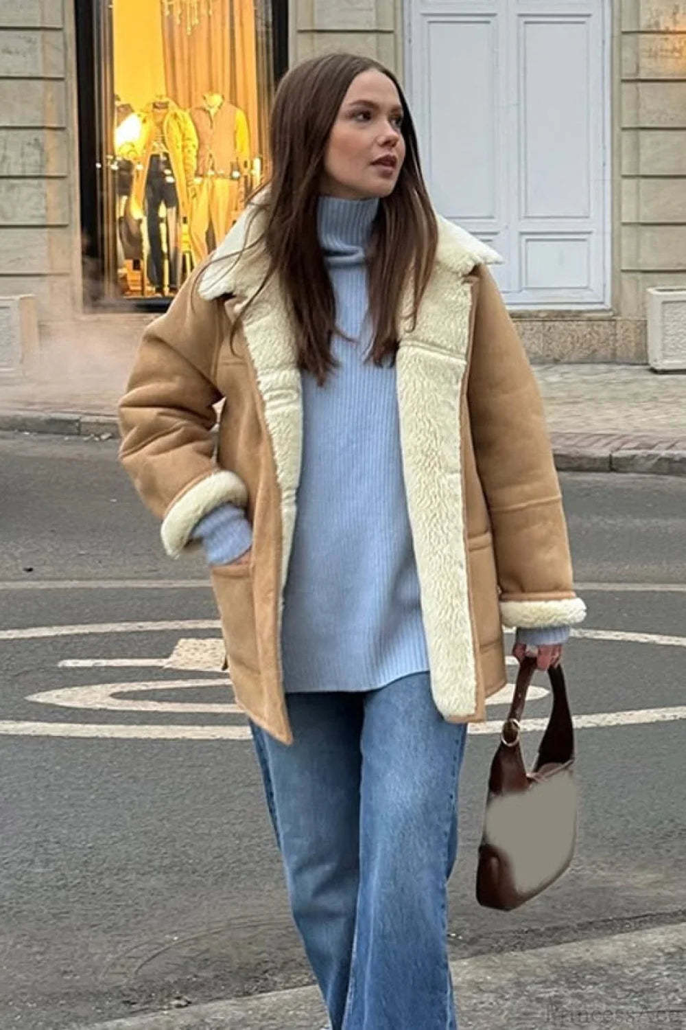 Vintage Suede Sherpa-Lined Wide Lapel Coat