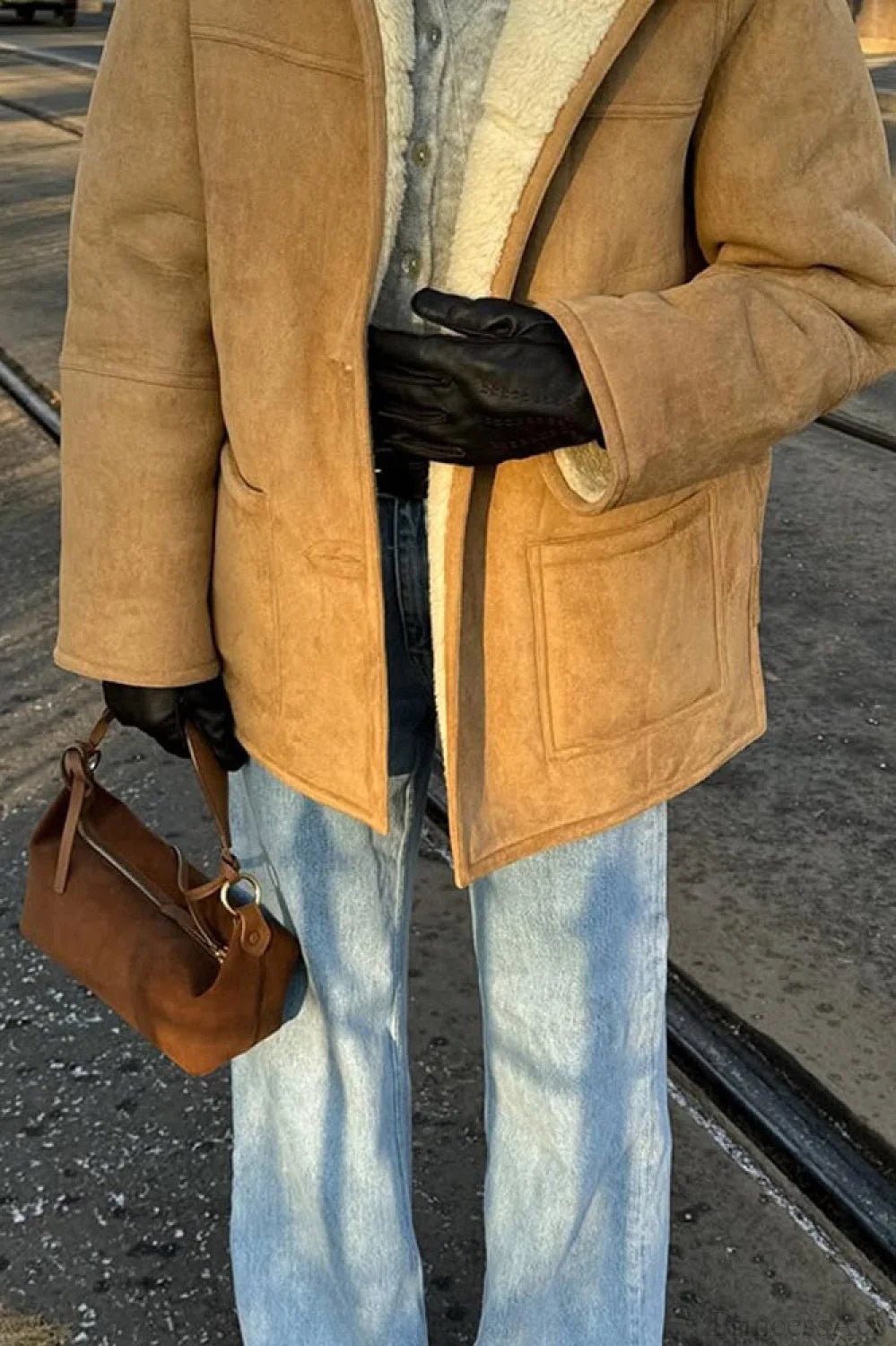 Vintage Suede Sherpa-Lined Wide Lapel Coat