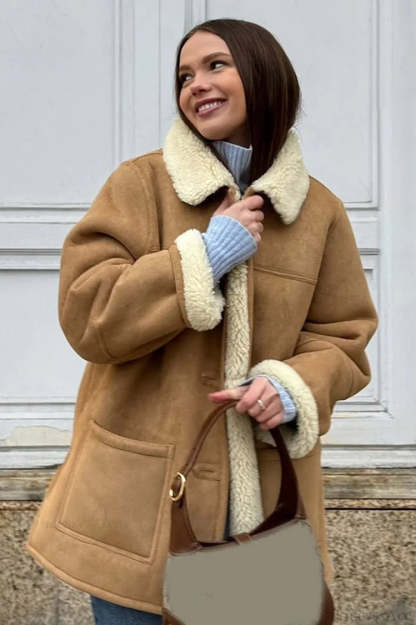Vintage Suede Sherpa-Lined Wide Lapel Coat