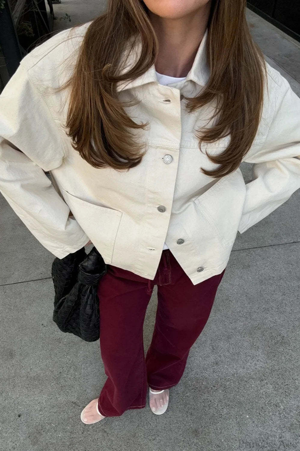 Vintage Twill Denim Solid Loose Lapel Jacket Apricot / S