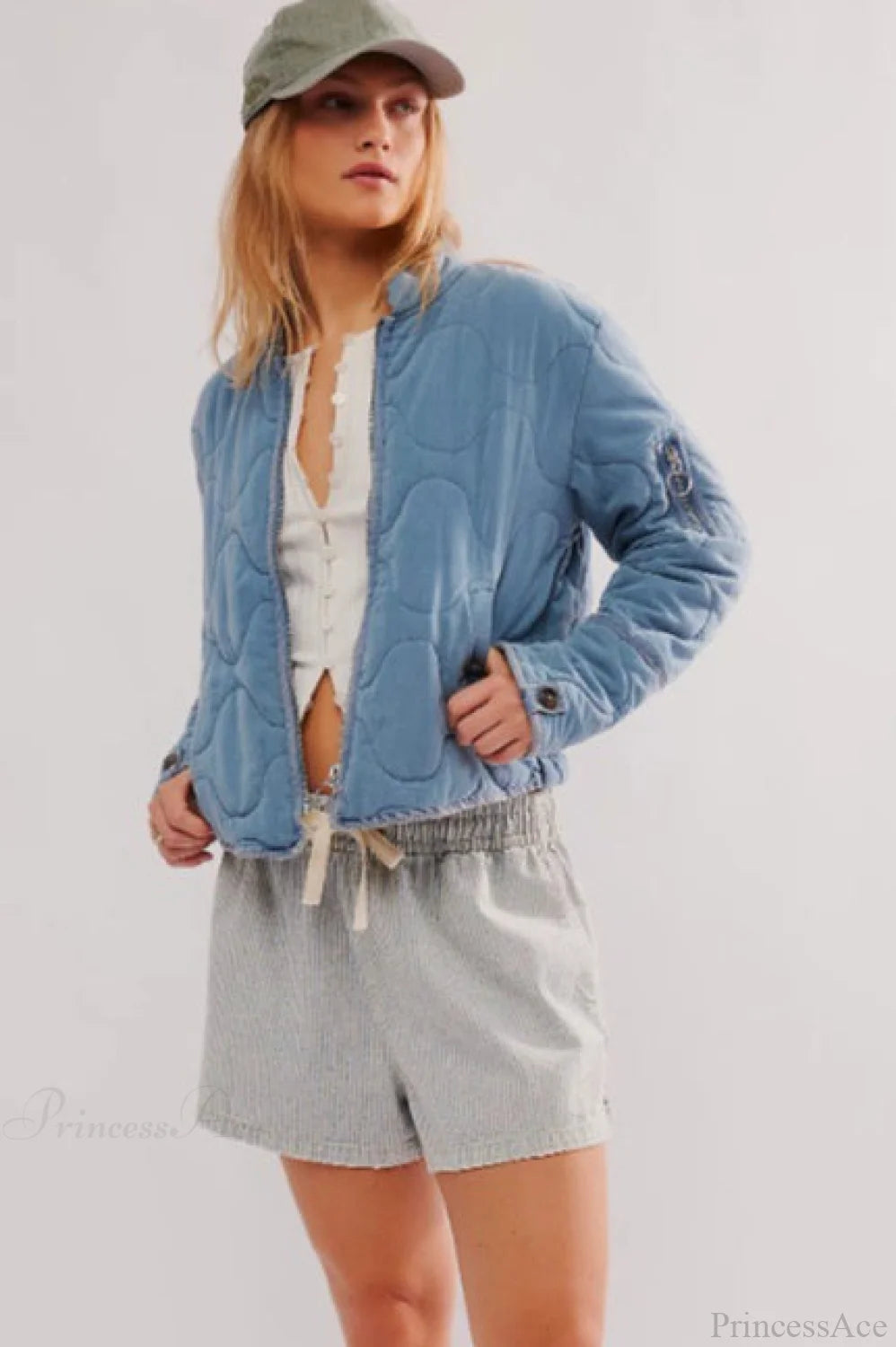 Vintage Urban Casual Quilted Stand-Collar Coat Light blue / S