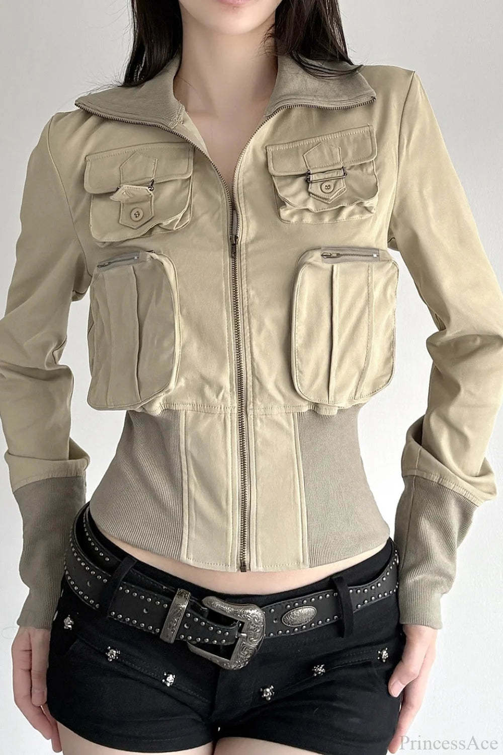 Vintage Utility Long Sleeve Ribbed Jacket Khaki / S