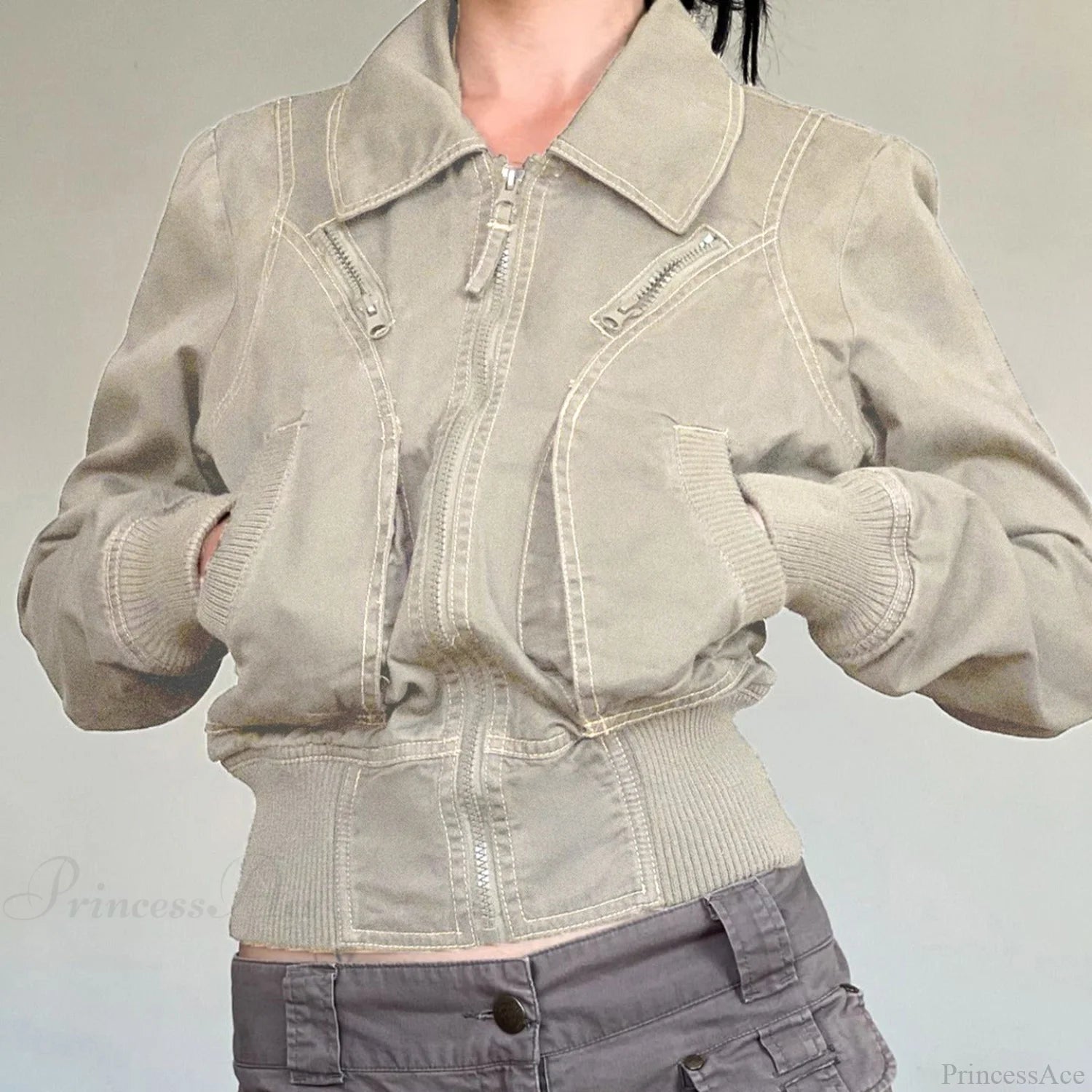 Vintage Utility Zip Slim Fit Pocket Jacket Khaki / S