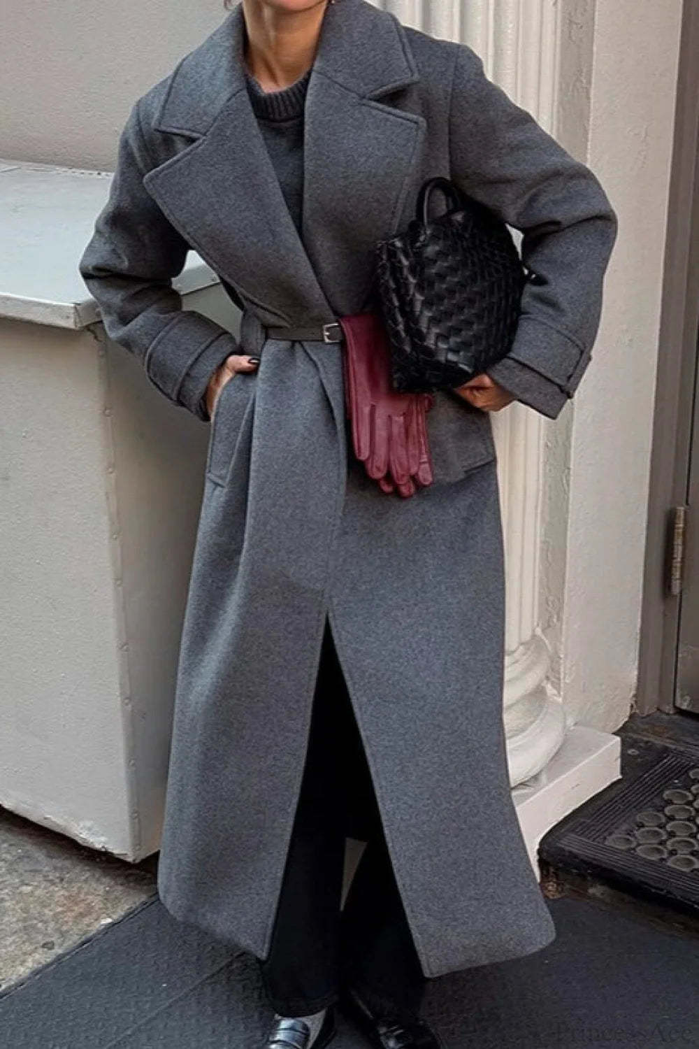 Vintage Wool Blend Notched Collar Oversized Elegant Overcoat Grey / S