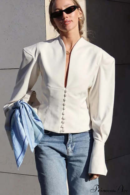 Waist Cinching V Neck Long Sleeve Coat White / S