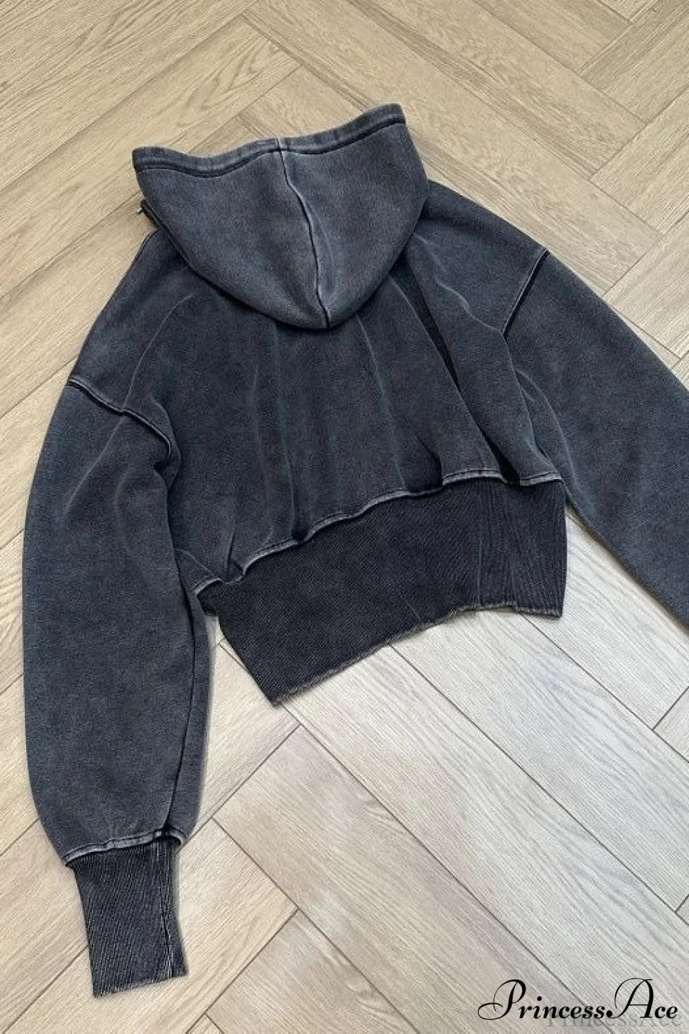 Washed 3D Embroidered Open Front Crop Hoodie
