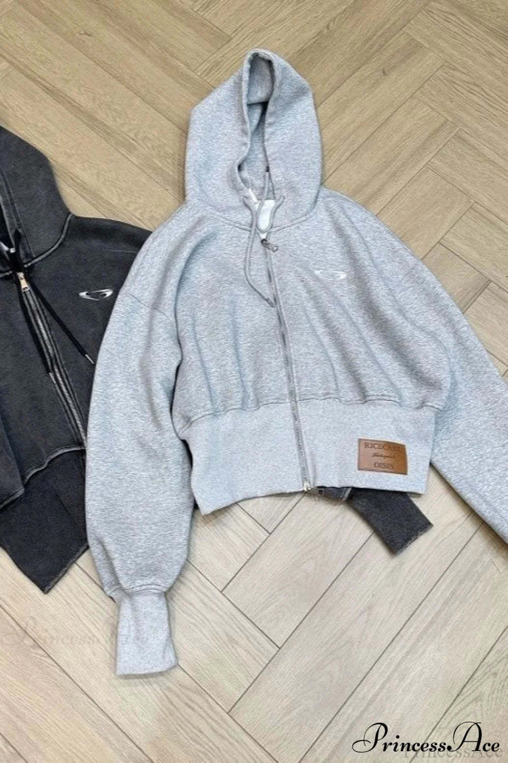 Washed 3D Embroidered Open Front Crop Hoodie Grey / M