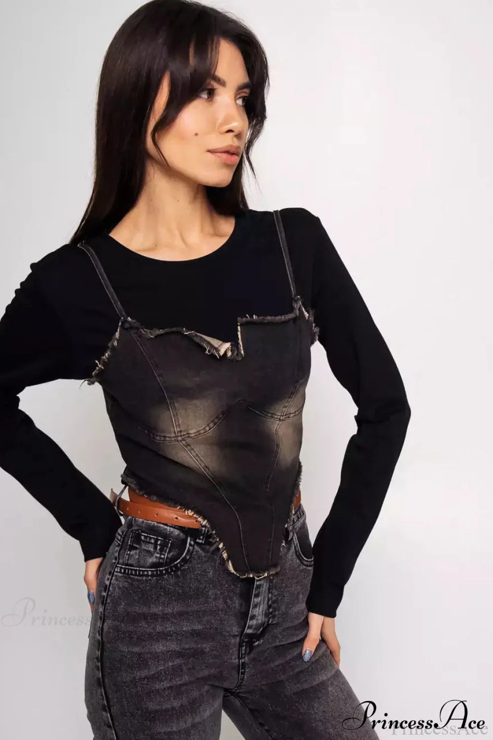 Washed Denim Cami Layered Slim Long Sleeve Tee