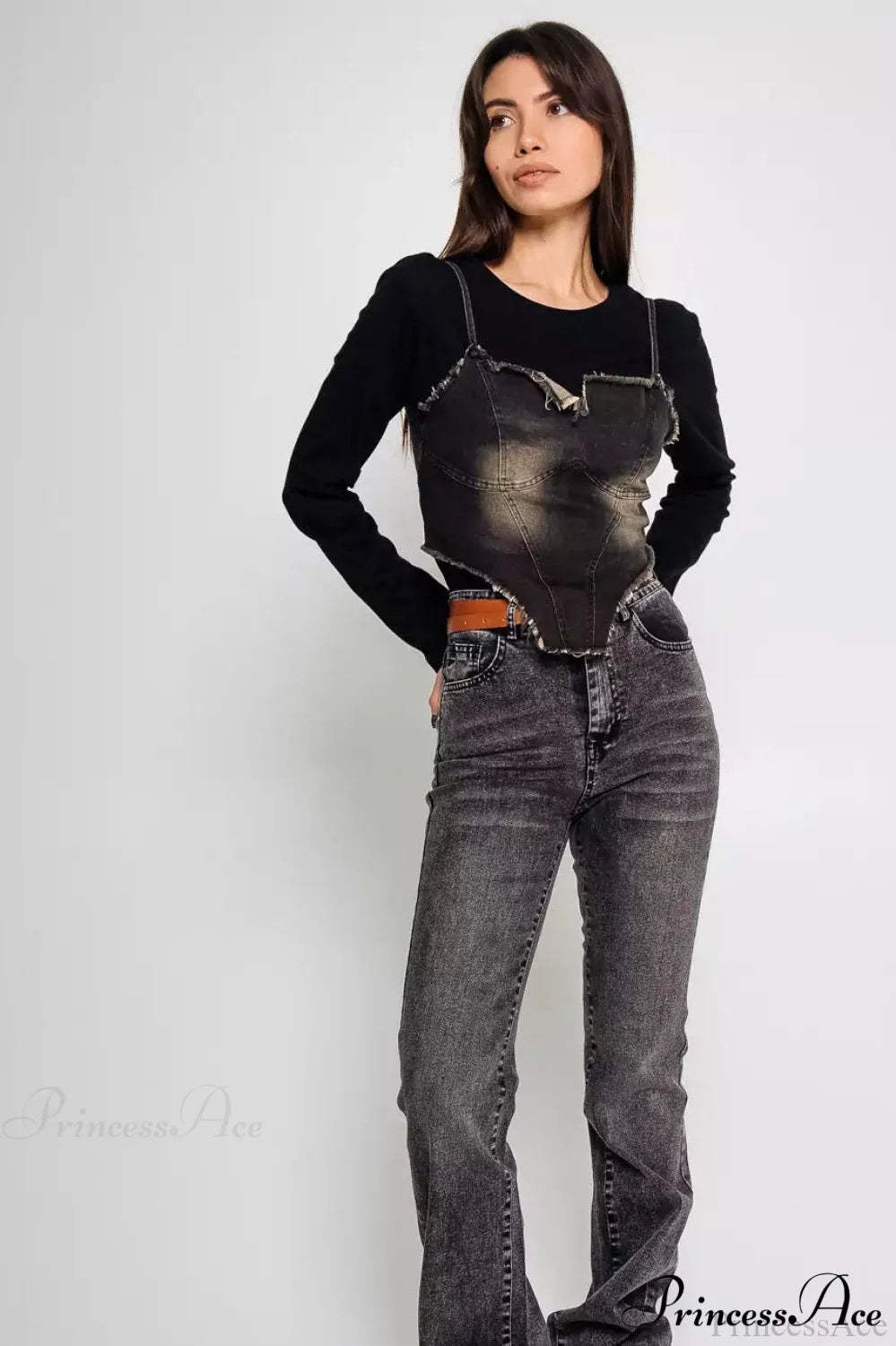 Washed Denim Cami Layered Slim Long Sleeve Tee