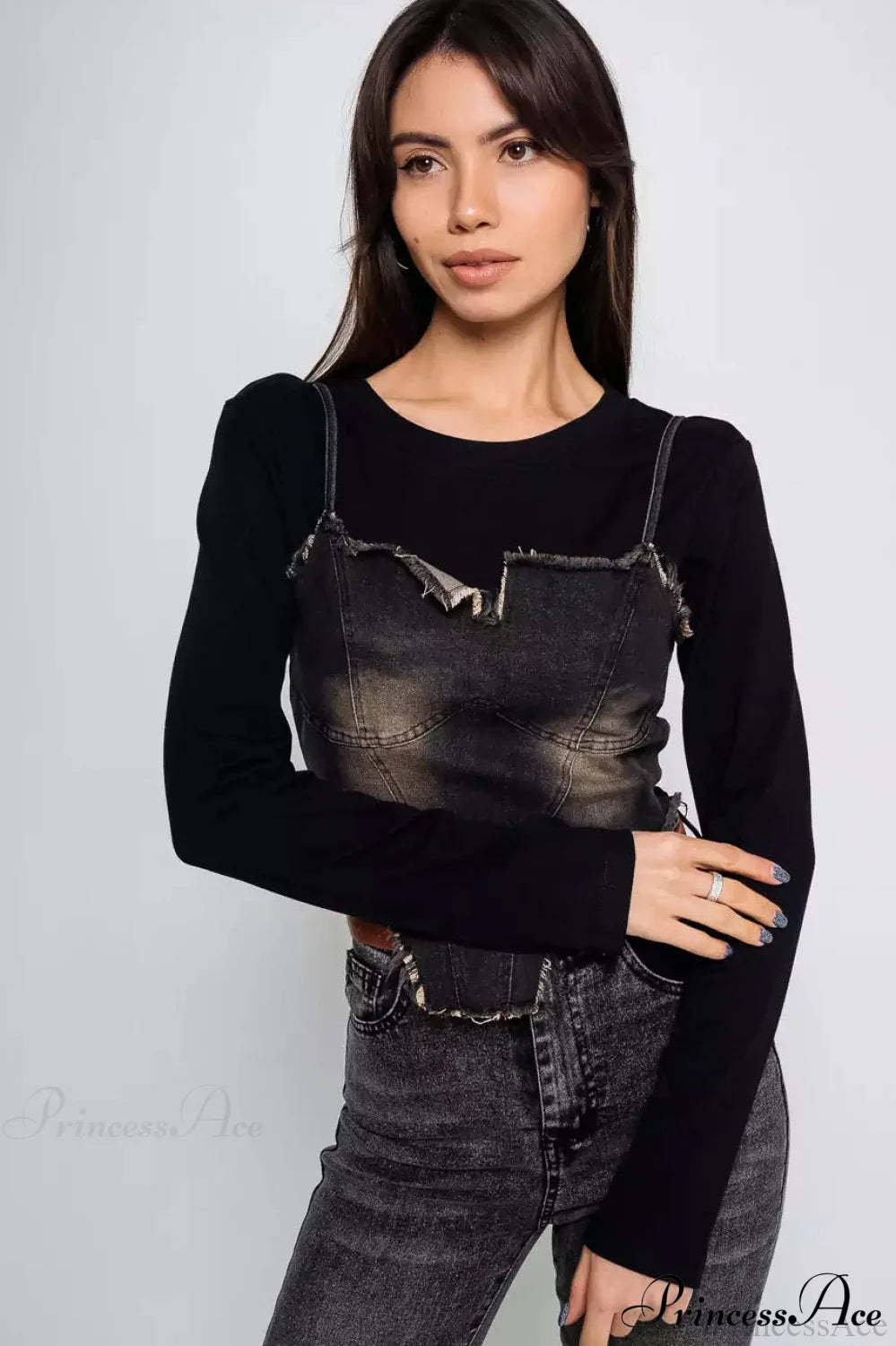 Washed Denim Cami Layered Slim Long Sleeve Tee Black / S