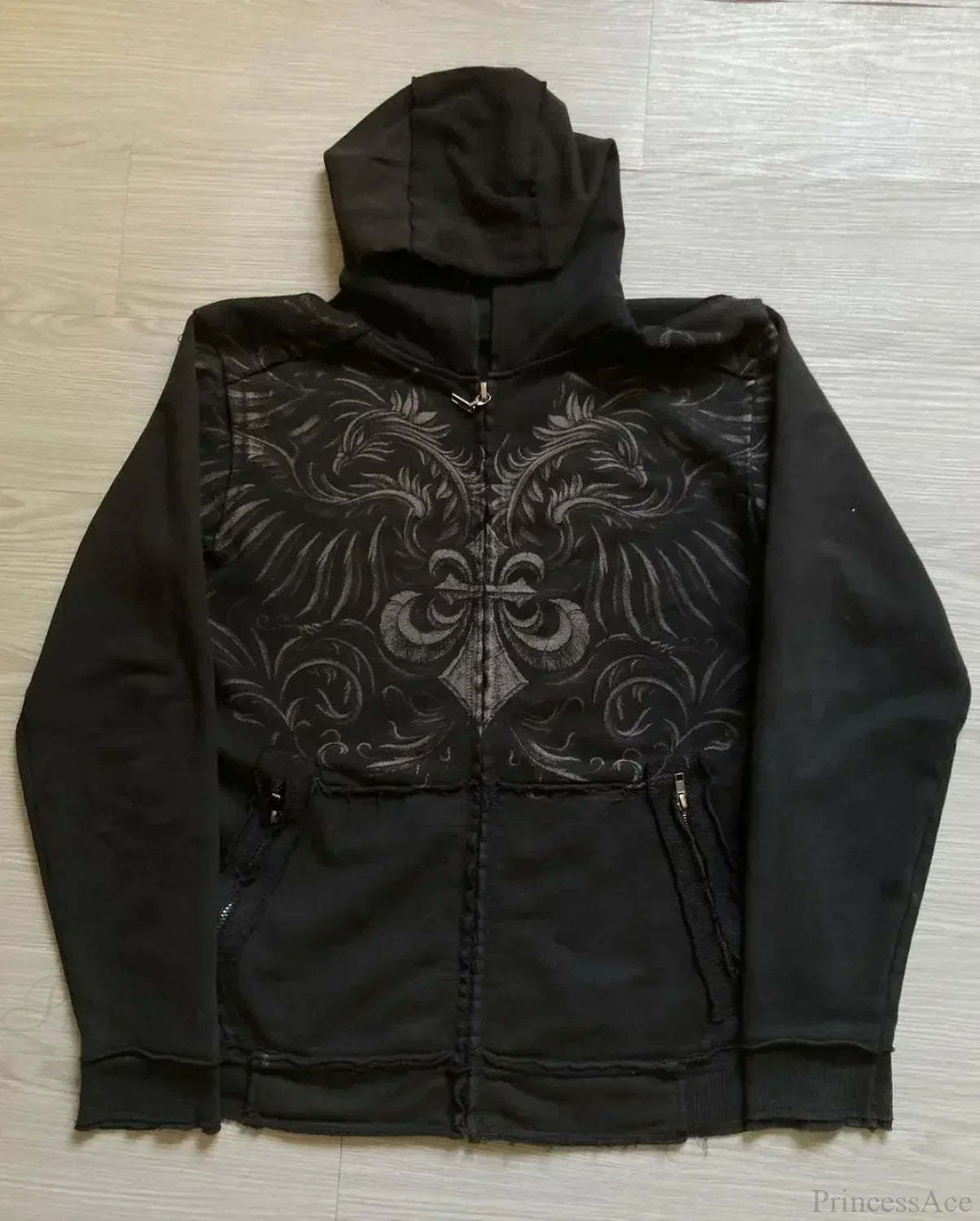 Washed Gothic Letter Zipper Hoodie black 8 / S
