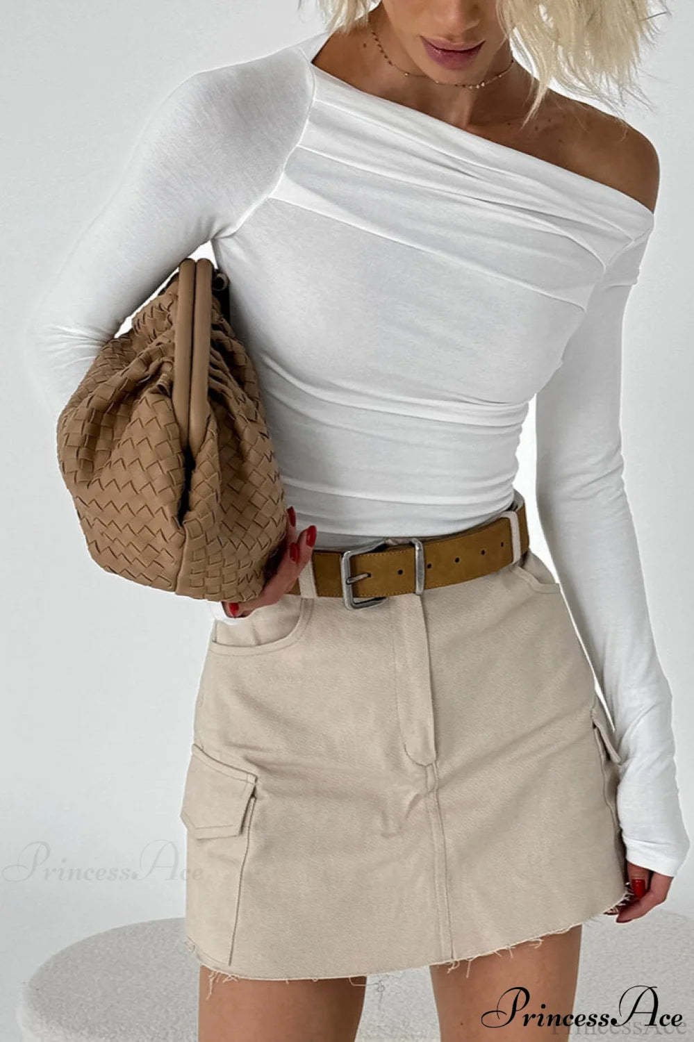 White Asymmetrical Neck Cold Shoulder Knit Long Sleeve Tee White / S