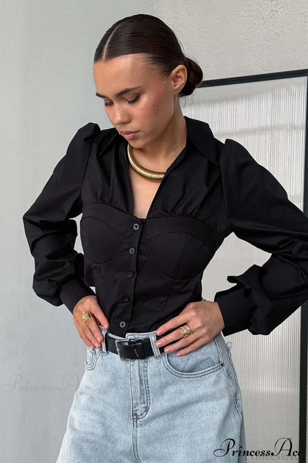 White Cotton Collared Puff Sleeve Blouse