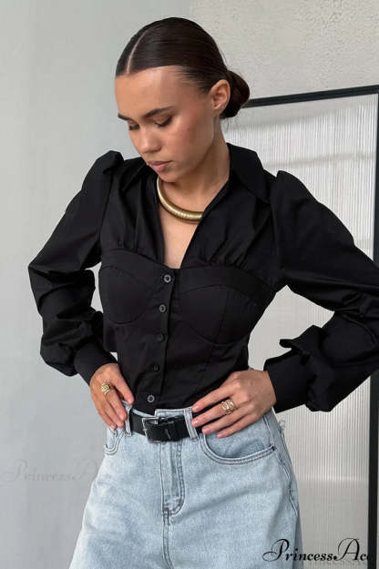 White Cotton Collared Puff Sleeve Blouse