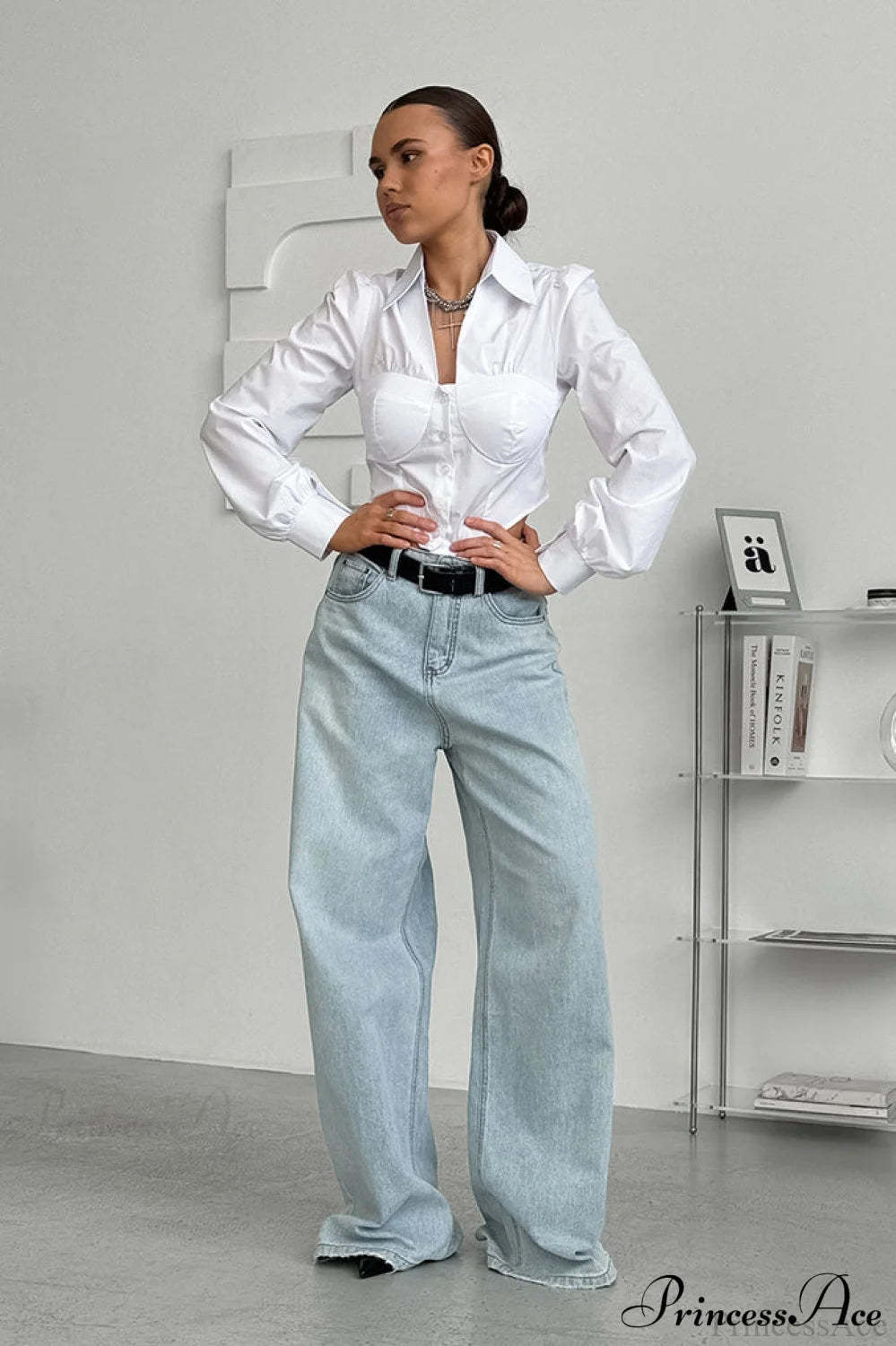 White Cotton Collared Puff Sleeve Blouse