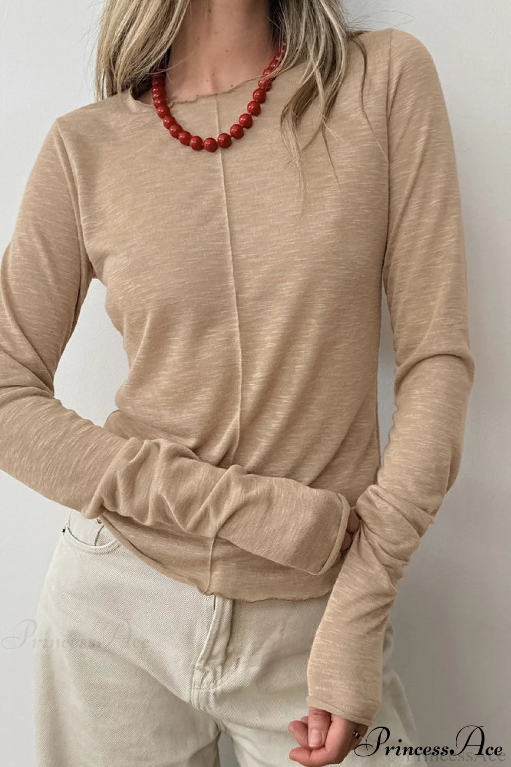 White Crew Neck Knit Panel Long Sleeve Tee Khaki / S