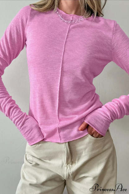 White Crew Neck Knit Panel Long Sleeve Tee Pink / S