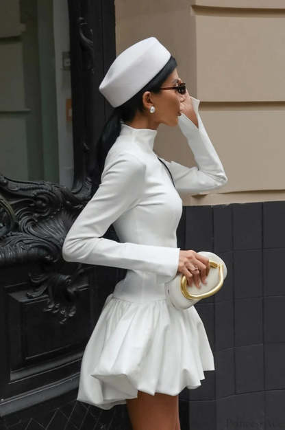 White Long Sleeve Bubble Hem Mini Dress