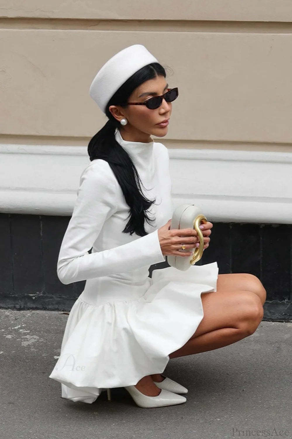 White Long Sleeve Bubble Hem Mini Dress