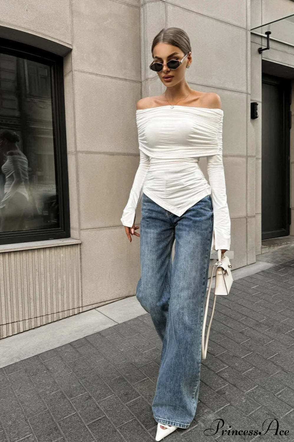 White Off Shoulder Modal Long Sleeve Tee