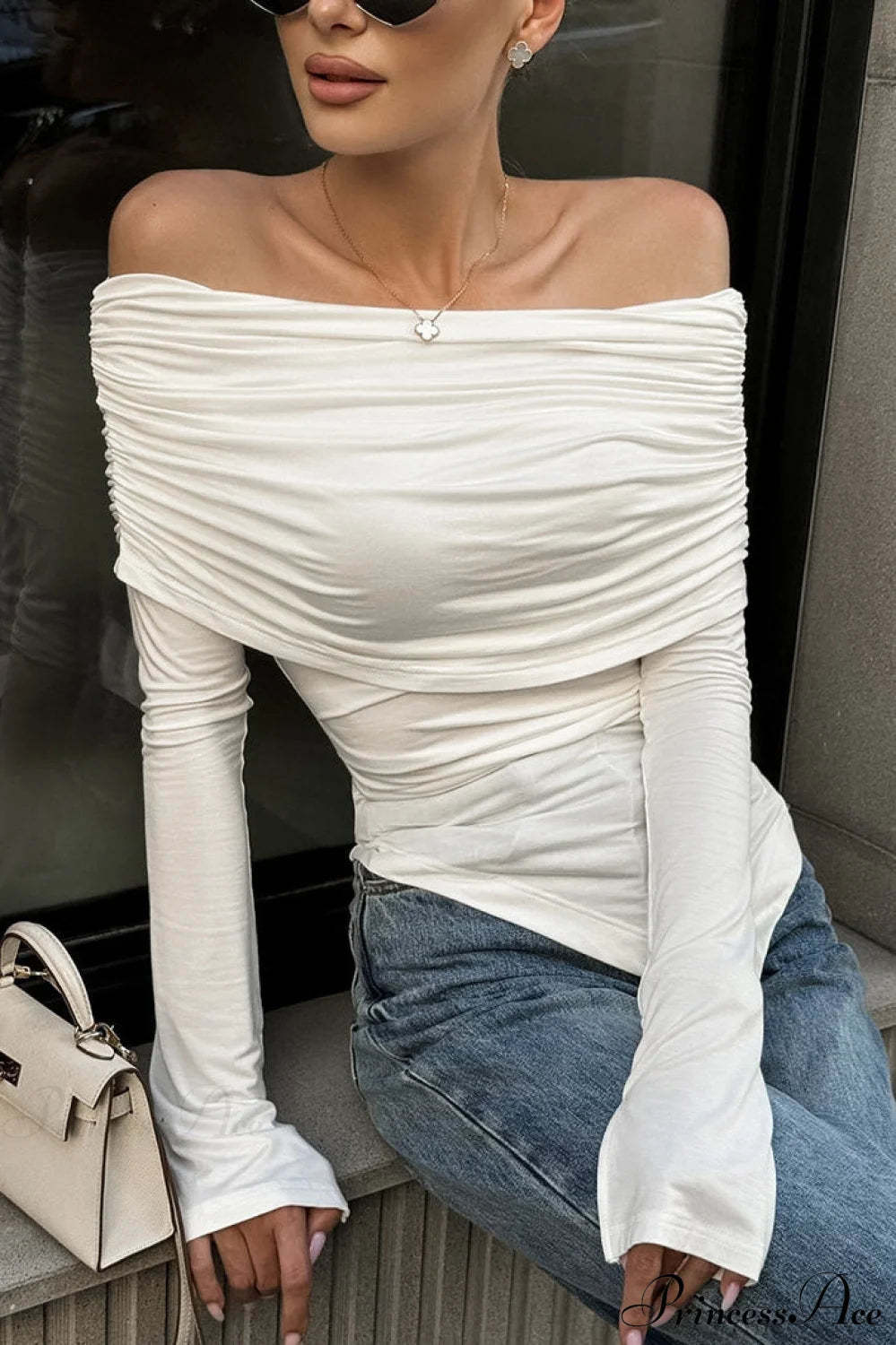 White Off Shoulder Modal Long Sleeve Tee White / S