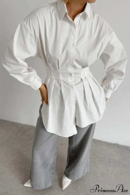 White Pleated Waist Slim Blouse