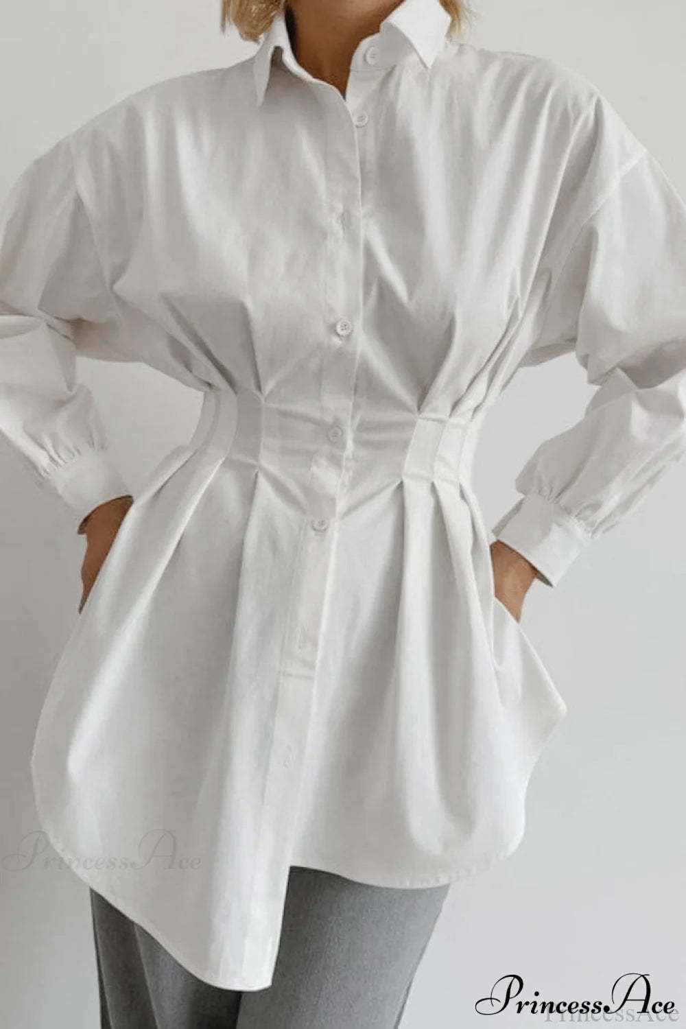White Pleated Waist Slim Blouse
