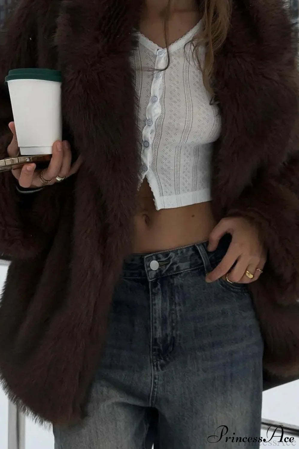 White Tip-Dyed Faux Fox Fur Mid-Length Coat