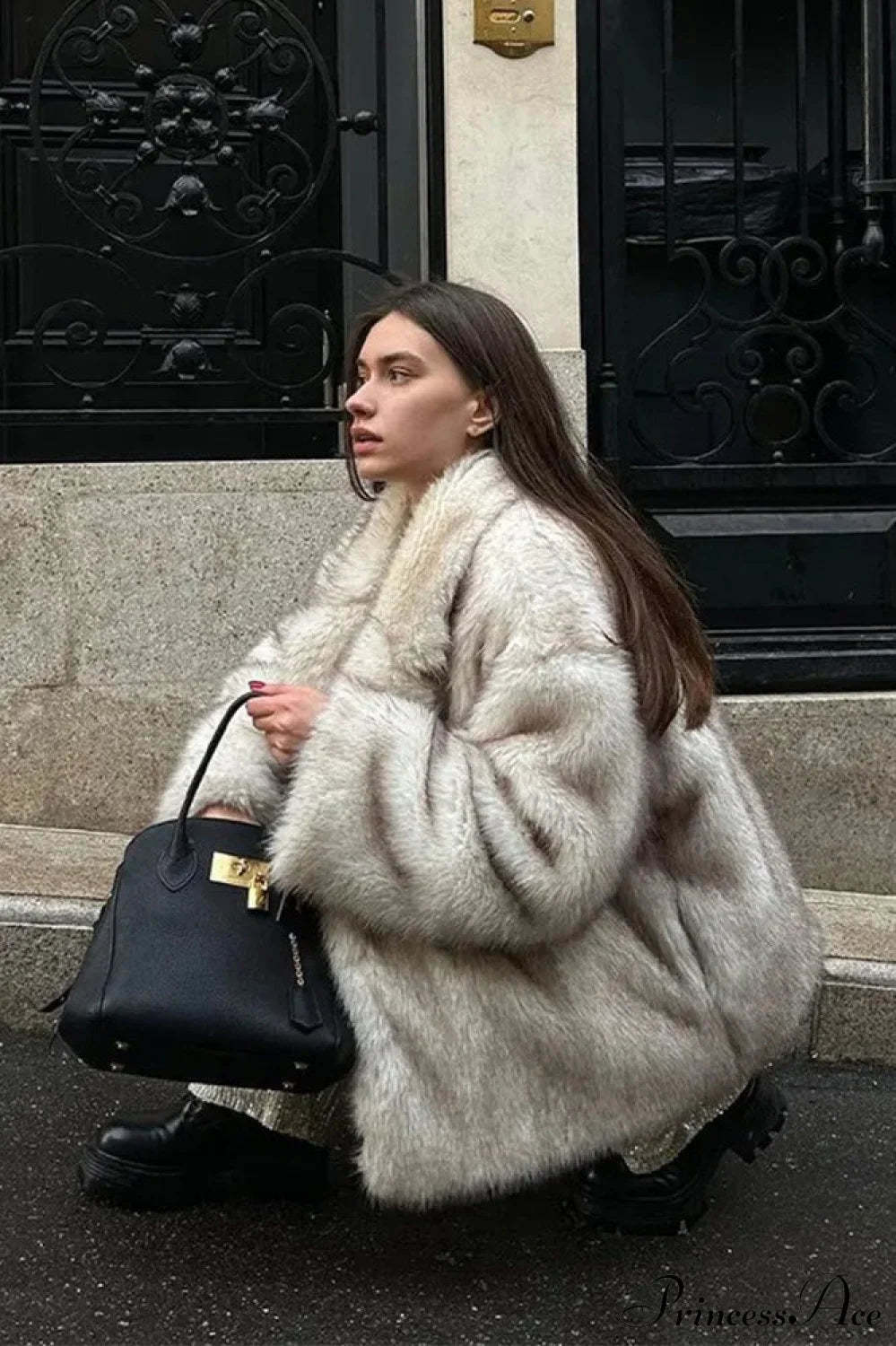 White Tip-Dyed Faux Fox Fur Mid-Length Coat