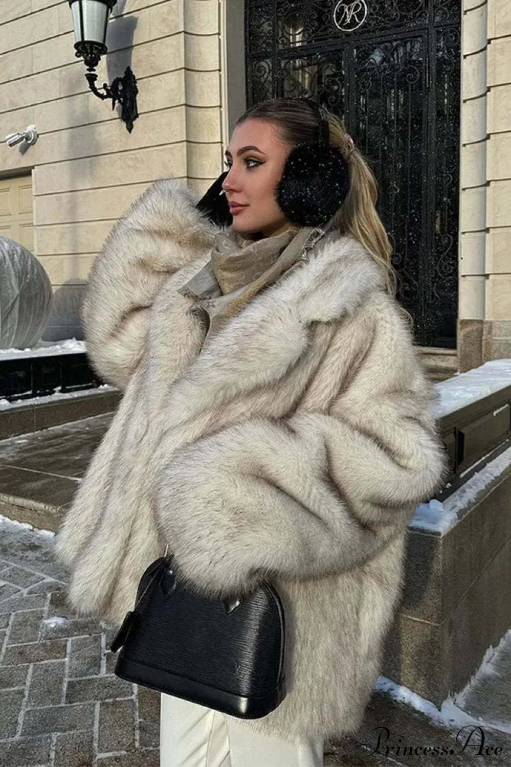 White Tip-Dyed Faux Fox Fur Mid-Length Coat