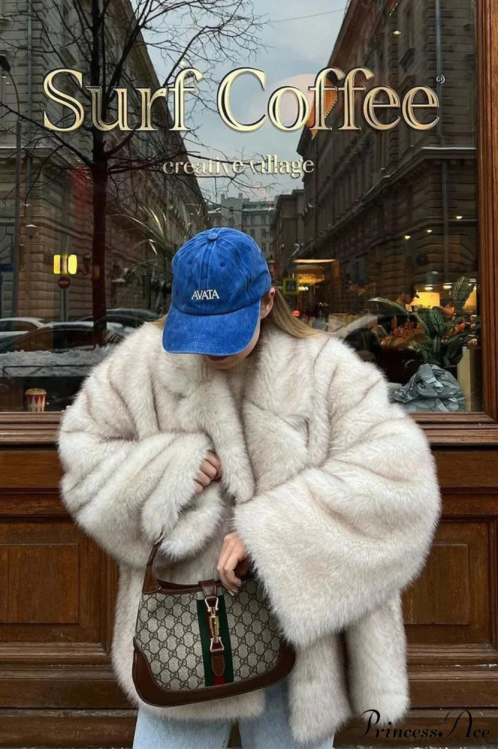 White Tip-Dyed Faux Fox Fur Mid-Length Coat