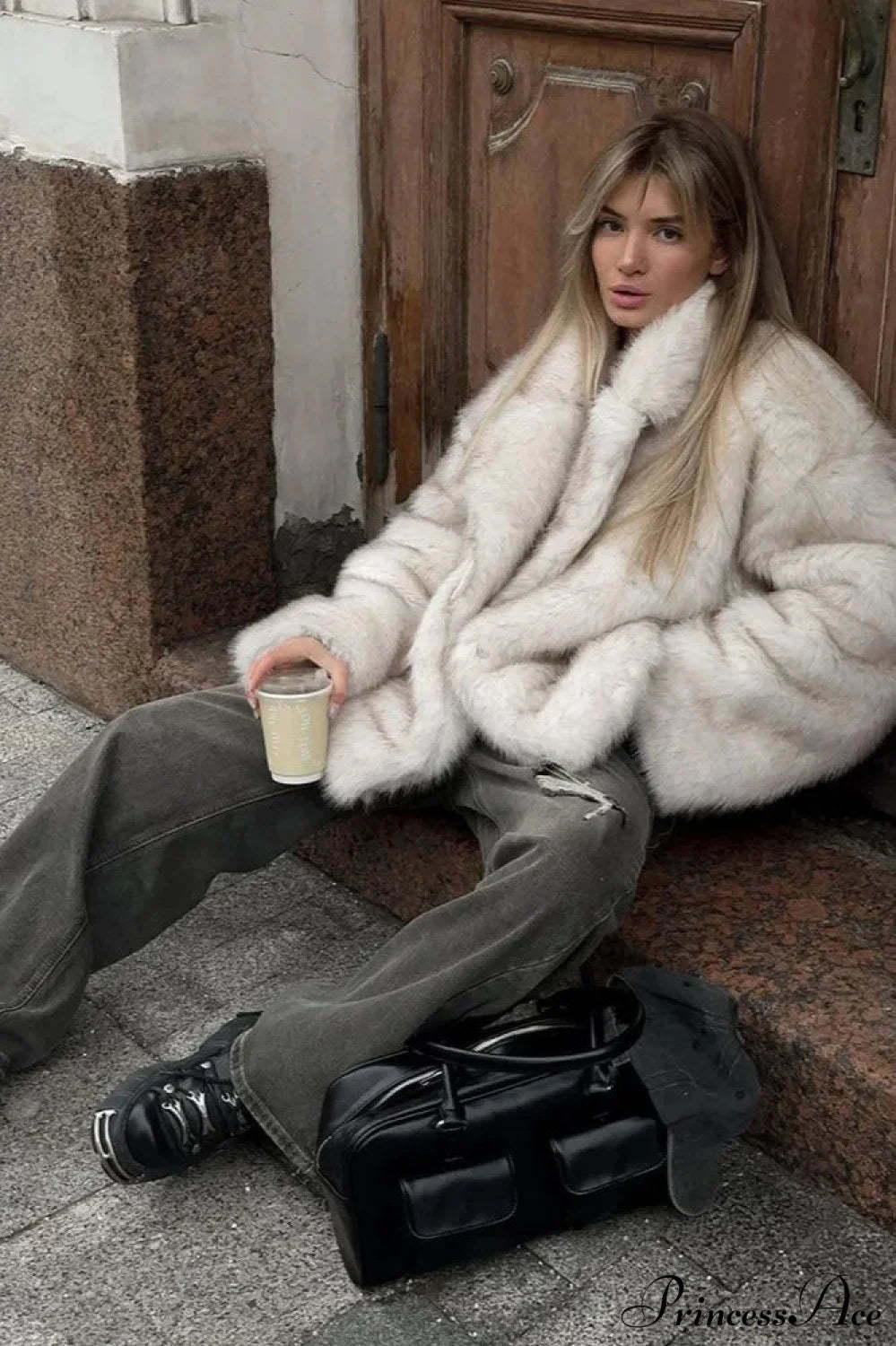 White Tip-Dyed Faux Fox Fur Mid-Length Coat White / XS