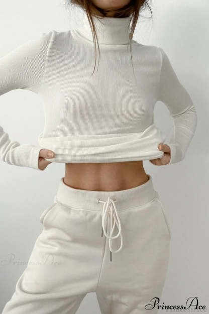 White Turtleneck Slim Knit Long Sleeve Tee