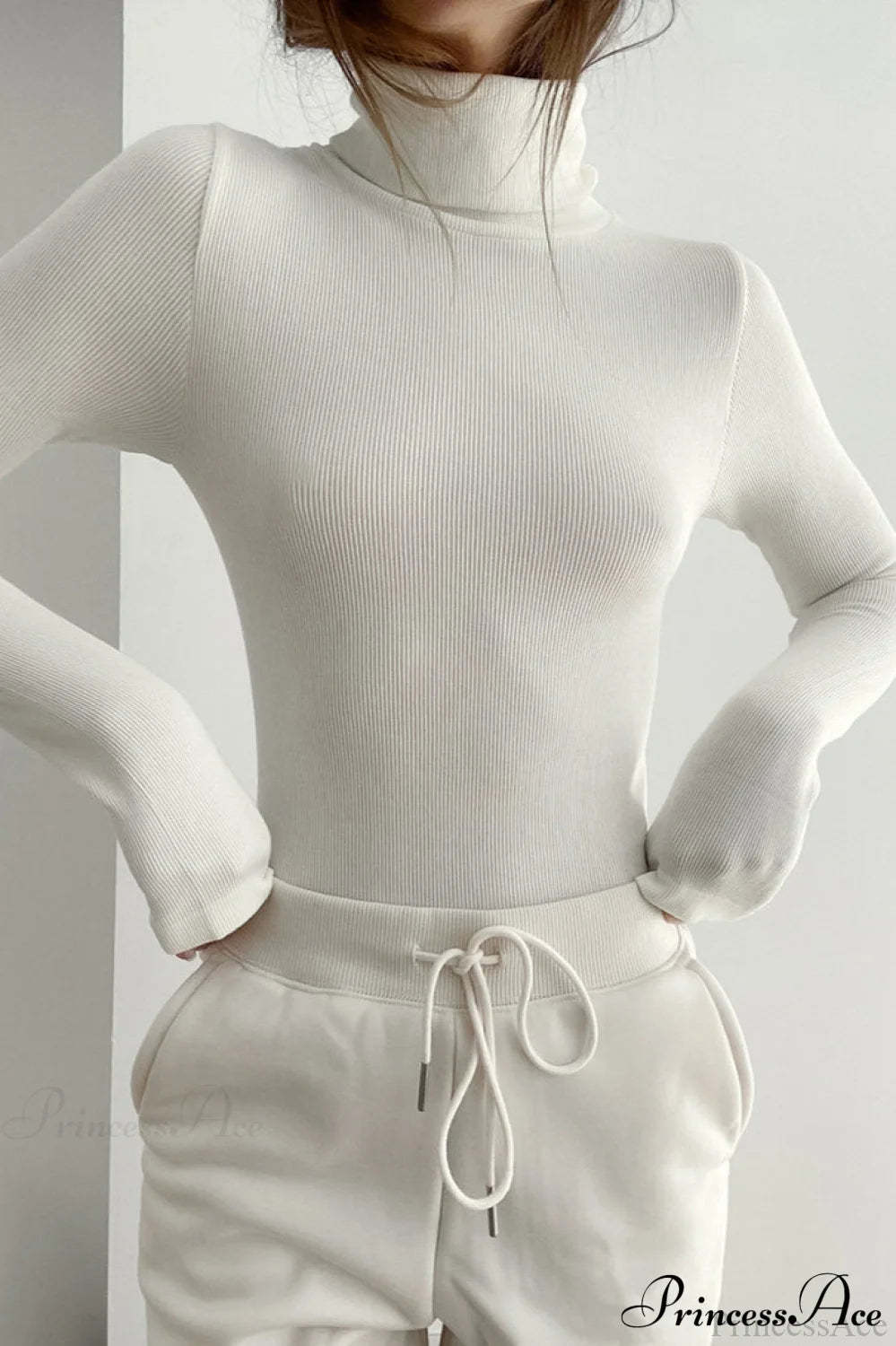 White Turtleneck Slim Knit Long Sleeve Tee