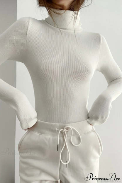 White Turtleneck Slim Knit Long Sleeve Tee