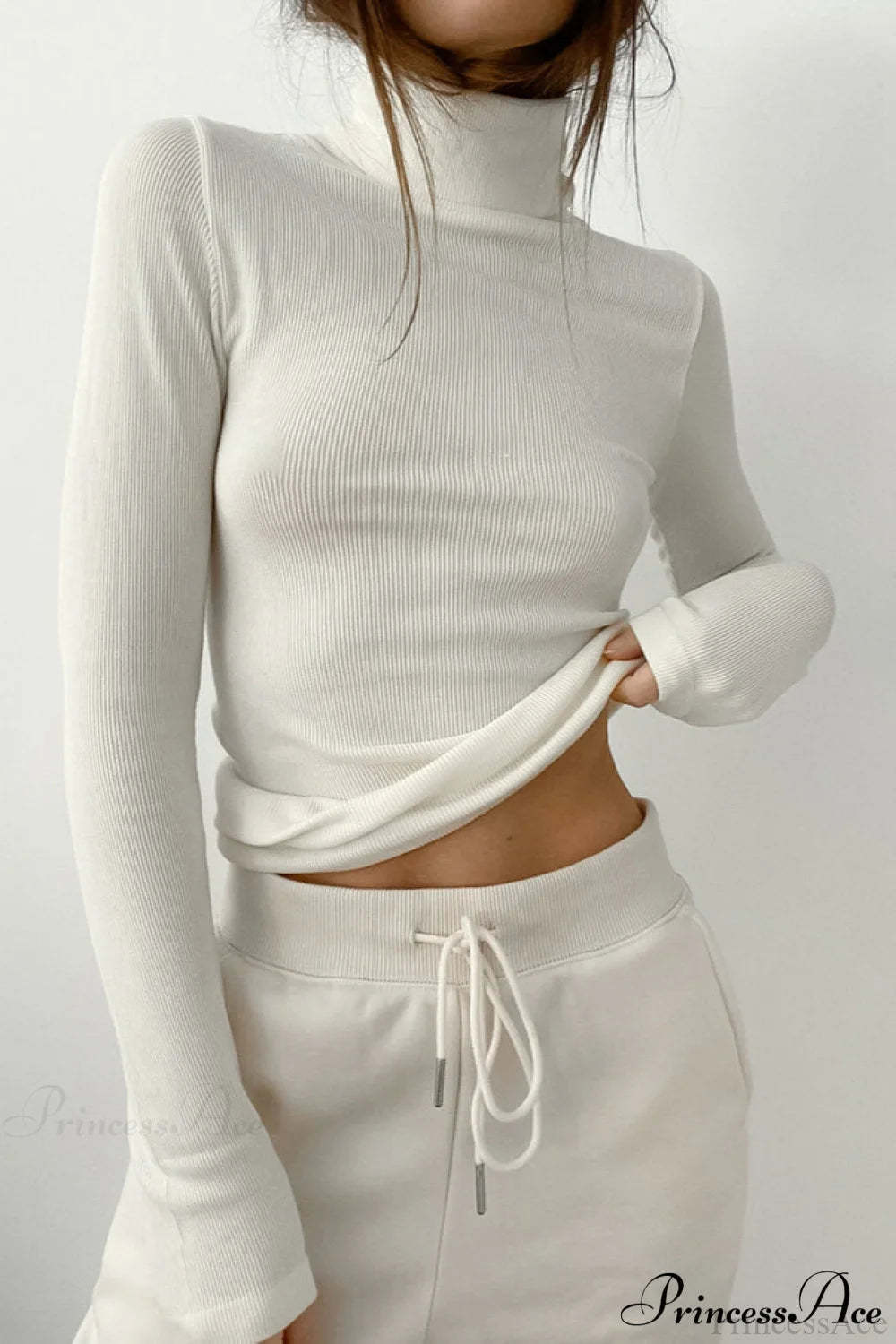 White Turtleneck Slim Knit Long Sleeve Tee White / S