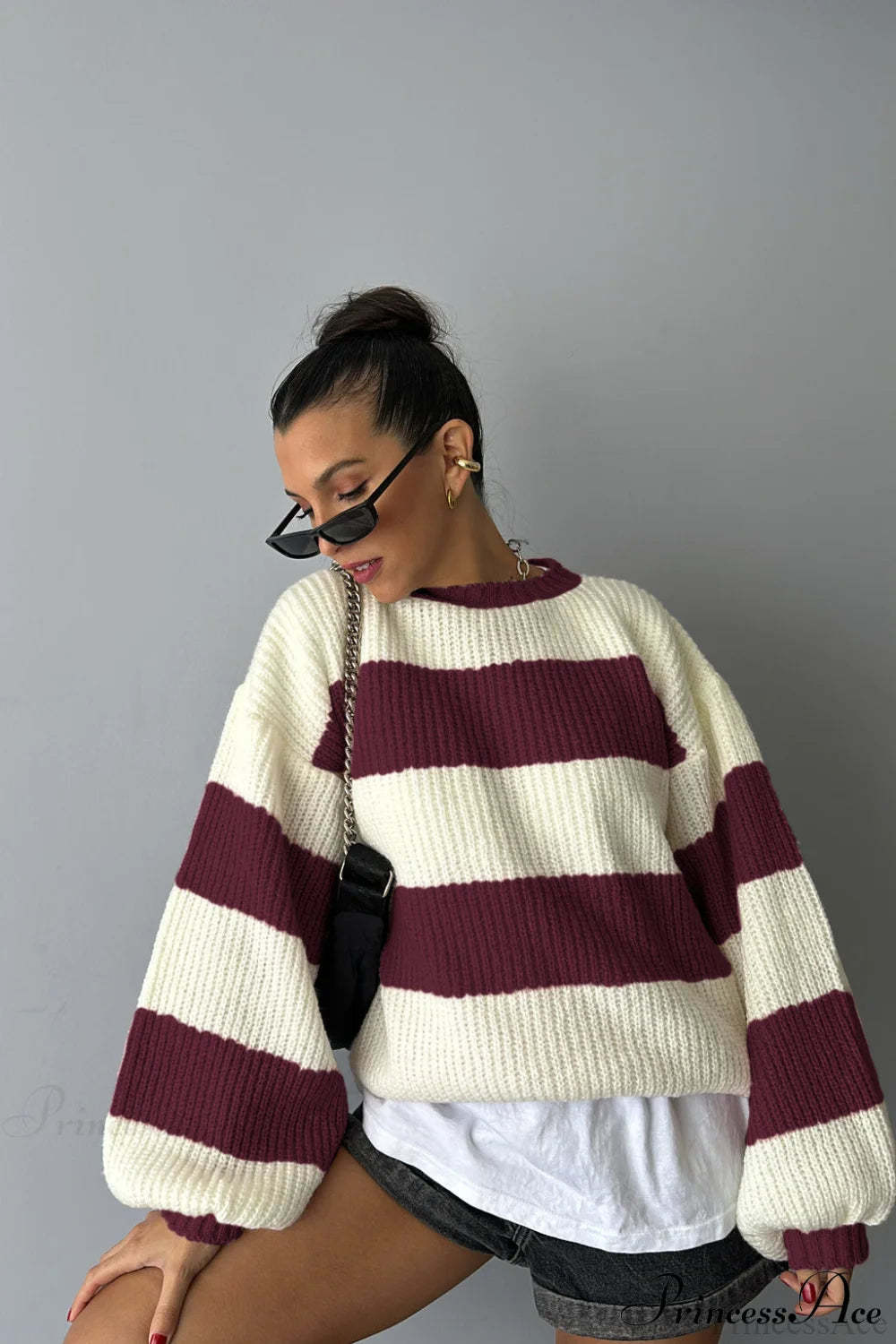 Wide Stripe Colorblock Oversized Crew Neck Pullover Sweater