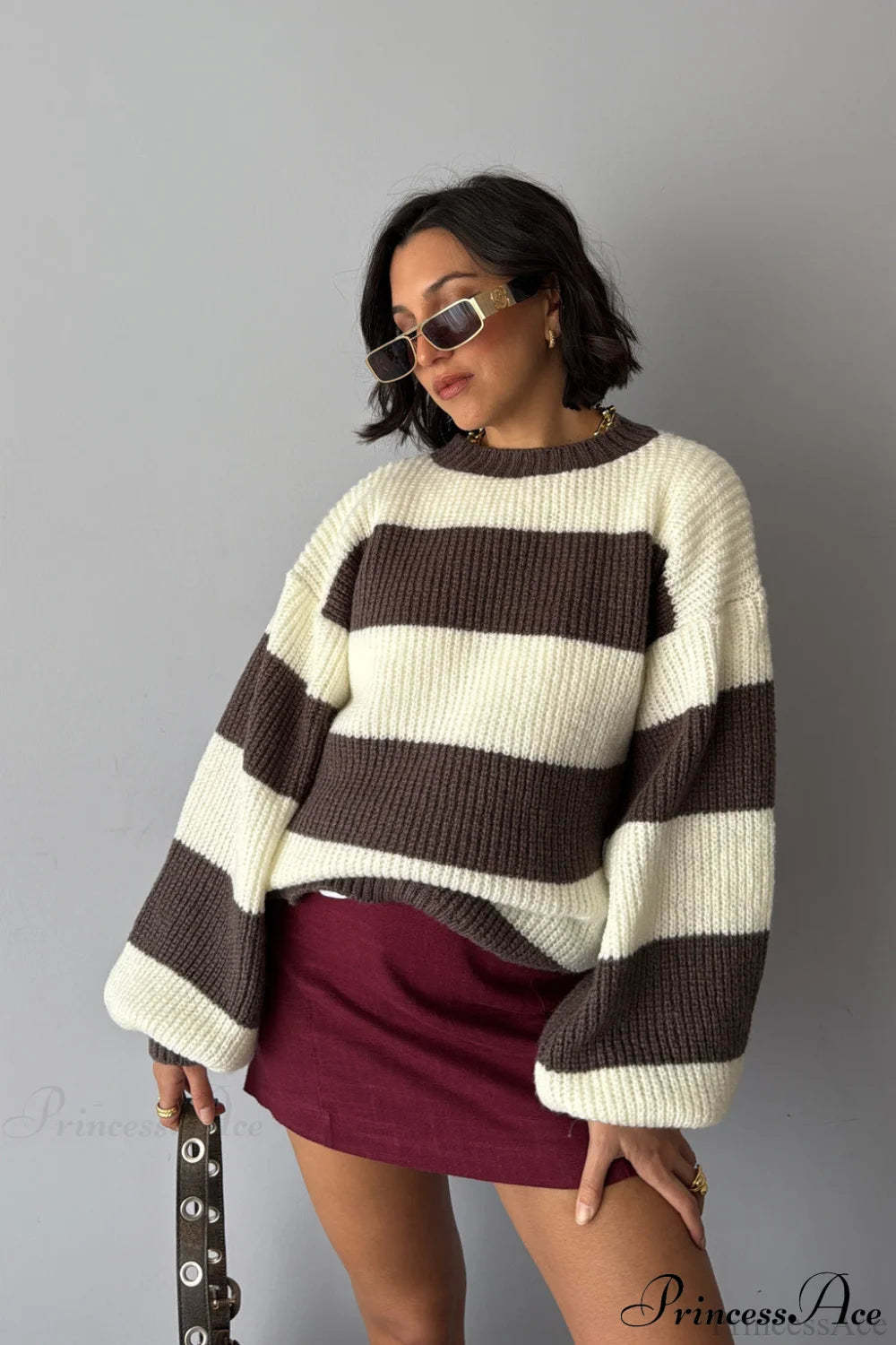 Wide Stripe Colorblock Oversized Crew Neck Pullover Sweater Brown / S
