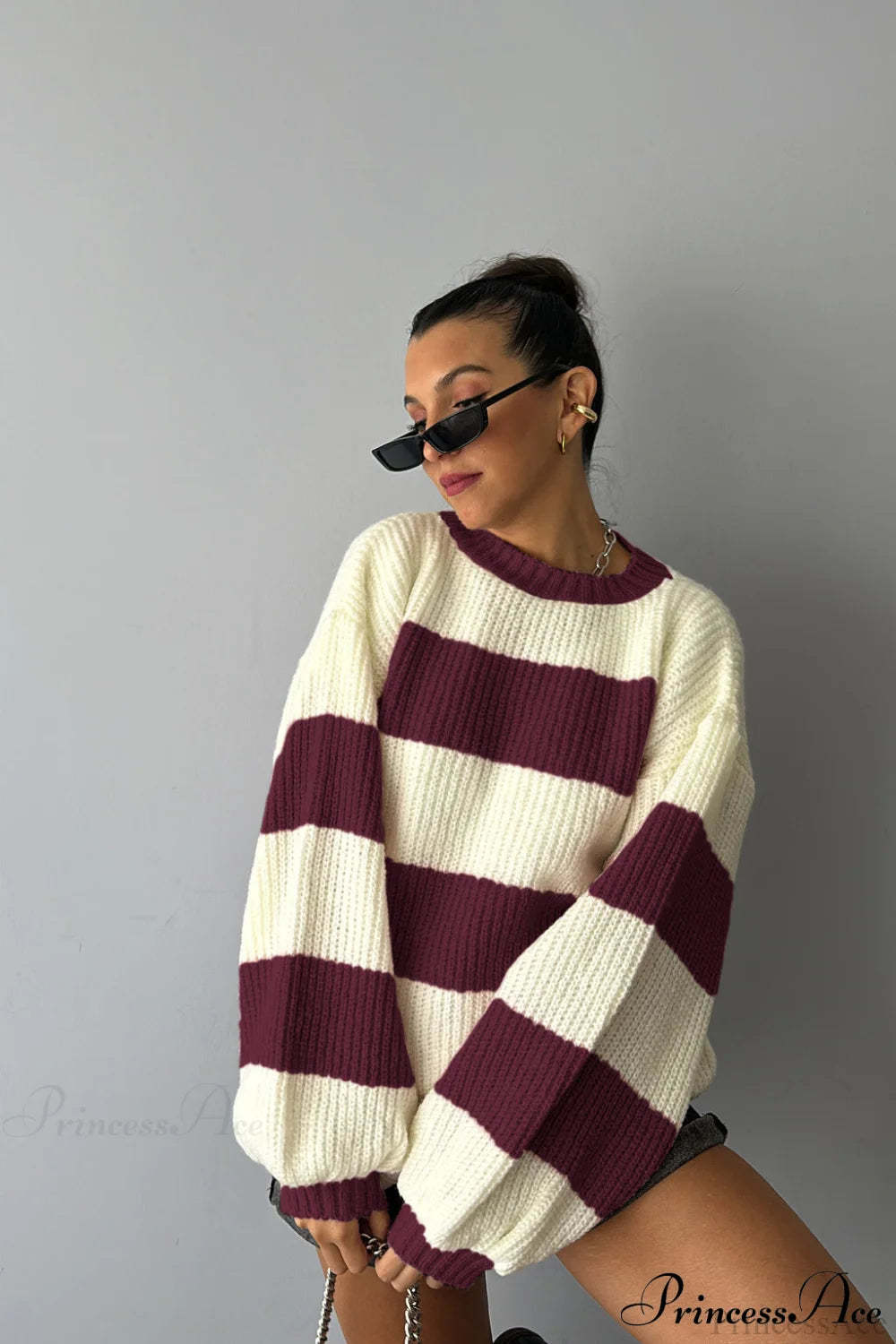 Wide Stripe Colorblock Oversized Crew Neck Pullover Sweater Red / S