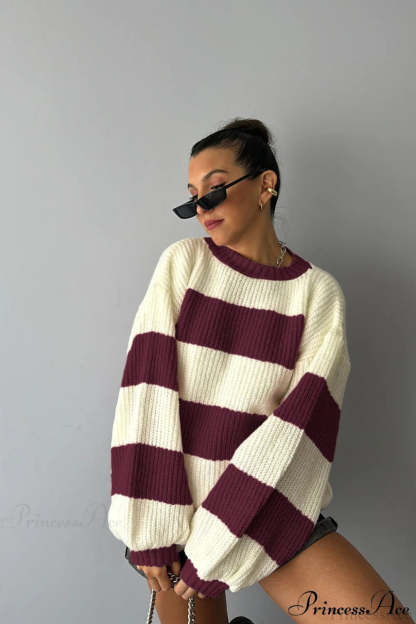 Wide Stripe Colorblock Oversized Crew Neck Pullover Sweater Red / S