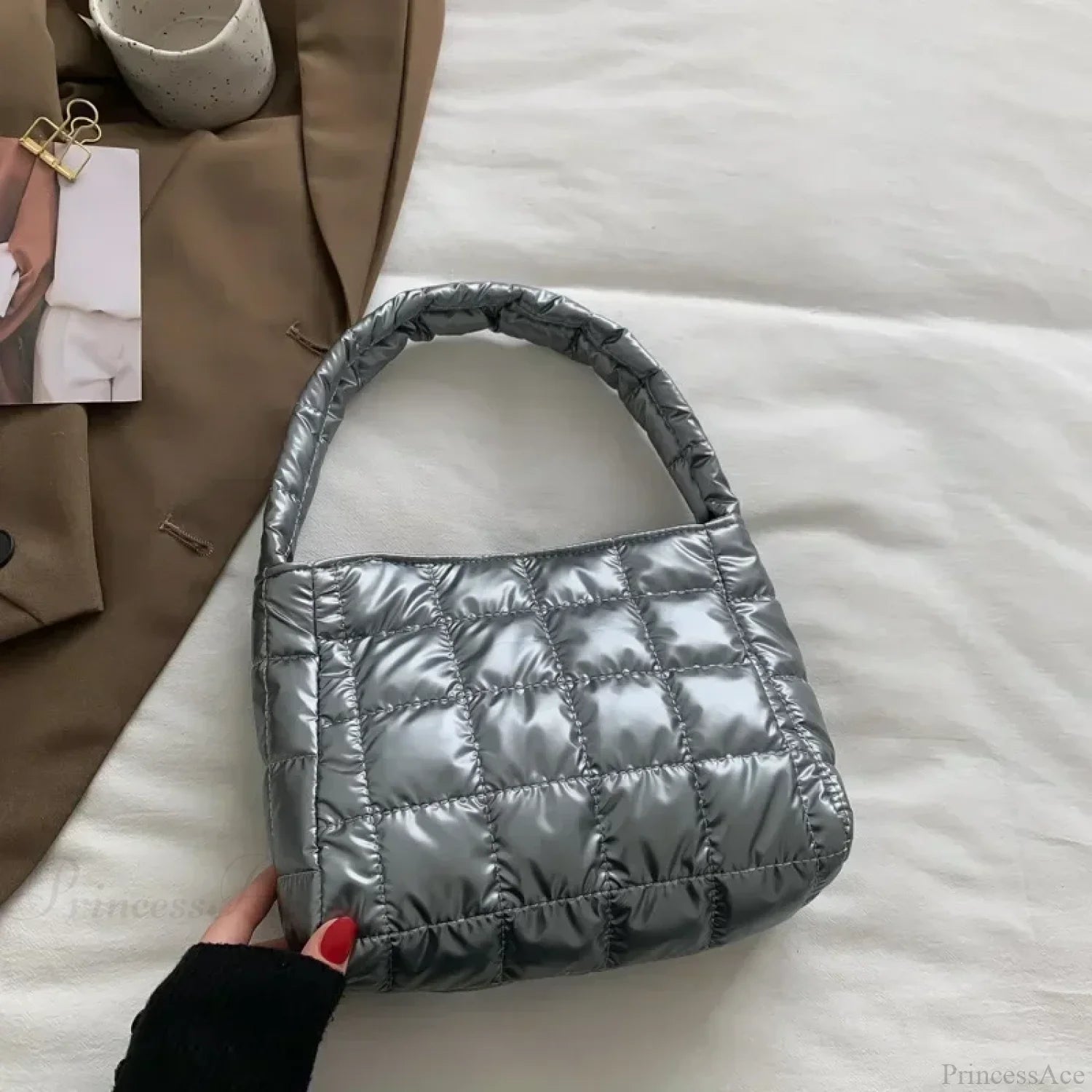 Winter Cotton Casual Tote Shoulder Handbag Grey handbag-250126