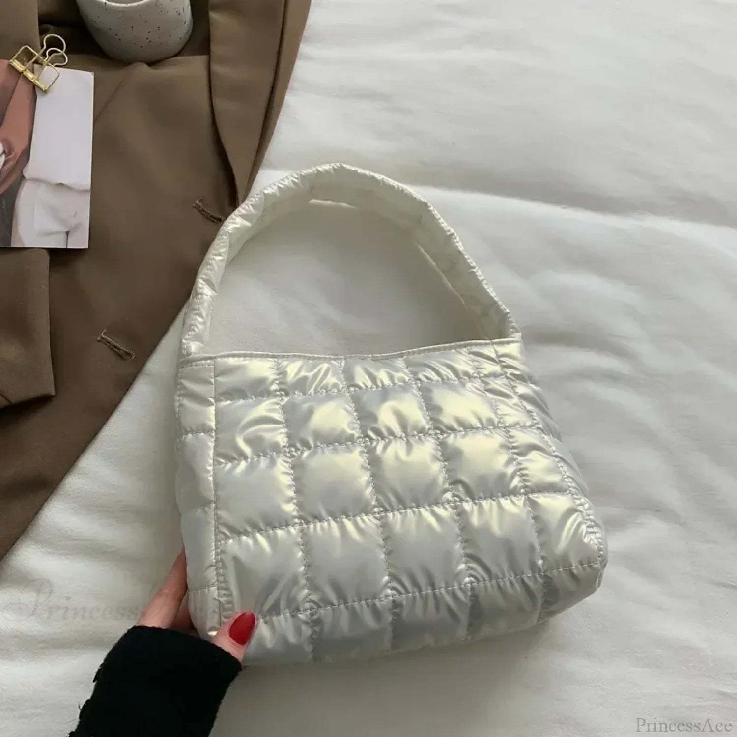 Winter Cotton Casual Tote Shoulder Handbag White handbag-250126