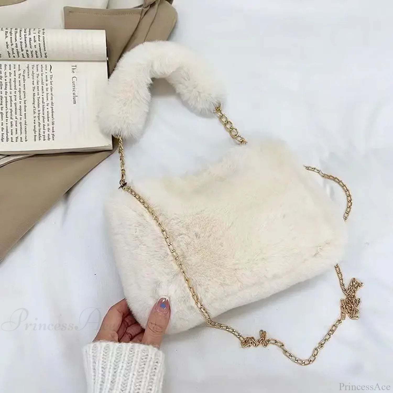 Winter Plush Fluffy Small Square Crossbody Handbag Beige handbag-250126