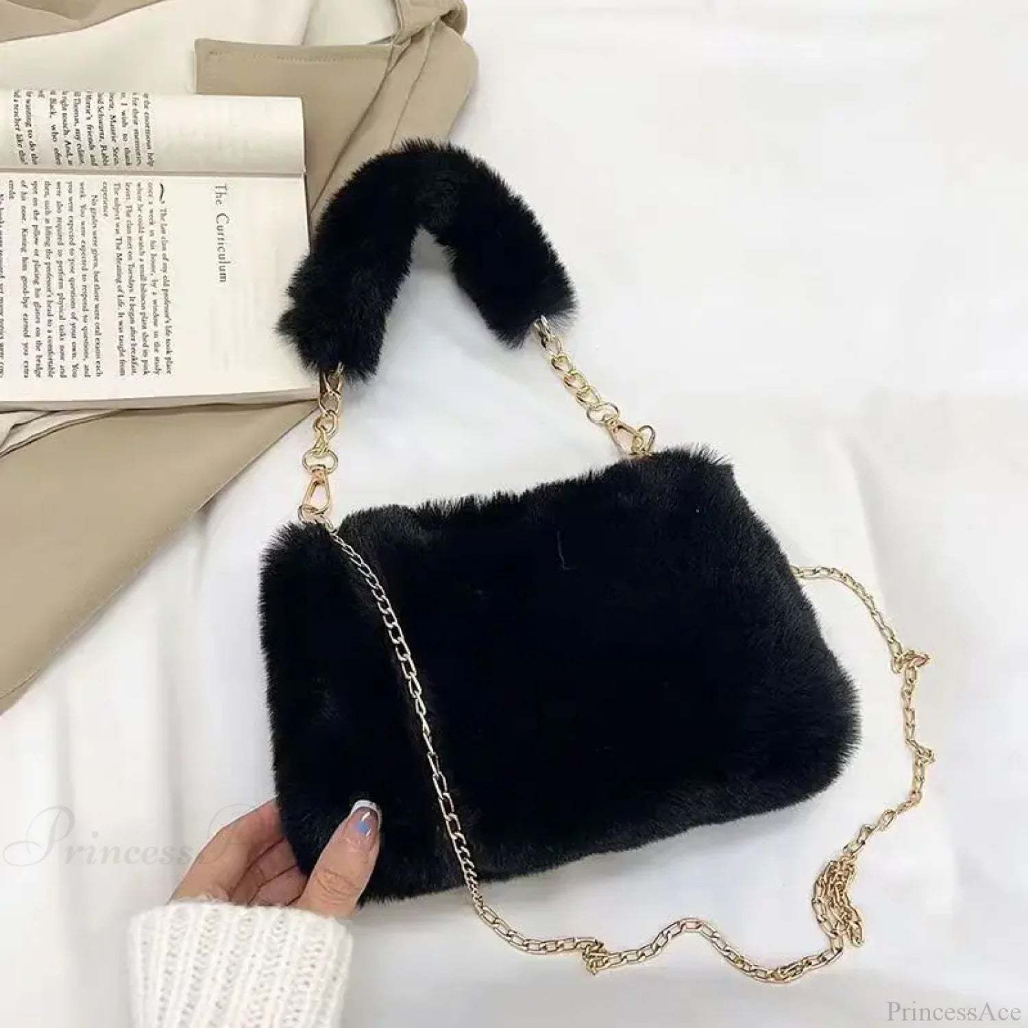 Winter Plush Fluffy Small Square Crossbody Handbag Black handbag-250126